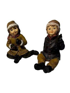 Abbott Resin Sitting Child Figurines In Winter Clothing 3" Hand Painted Boy Girl